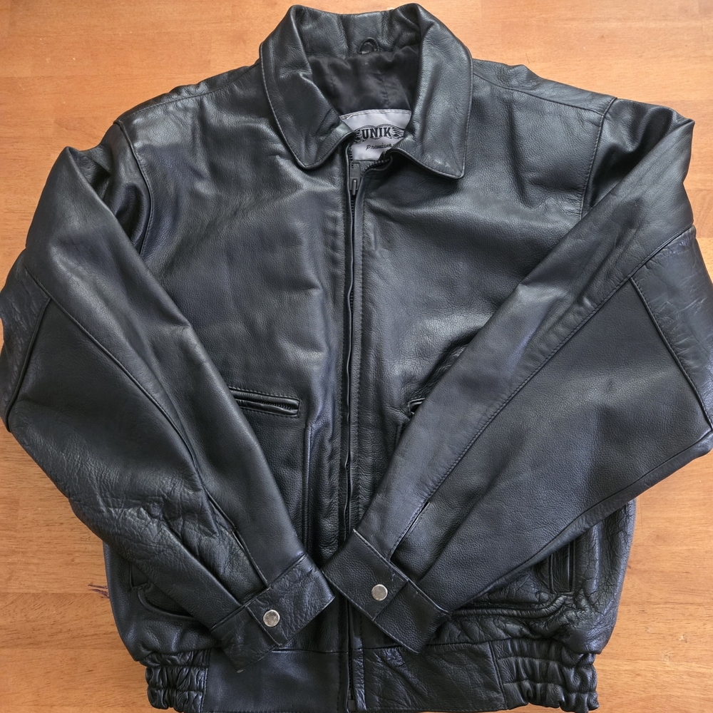 Unik Jet Black Leather Bomber Jacket Mens XL